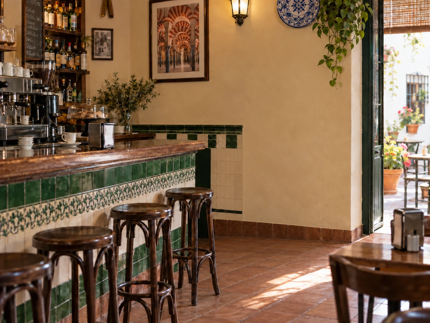 Bar con barra de azulejos, taburetes y un espacio junto a la entrada para la máquina