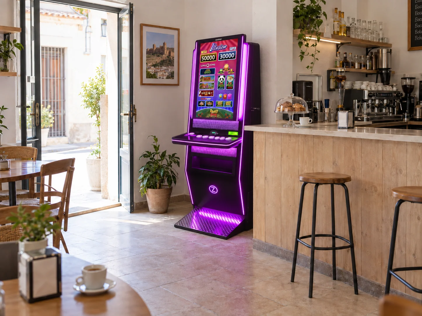 Recreación de un bar inspirado en Almería con una máquina tragaperras Zitro Illusion de iluminación violeta