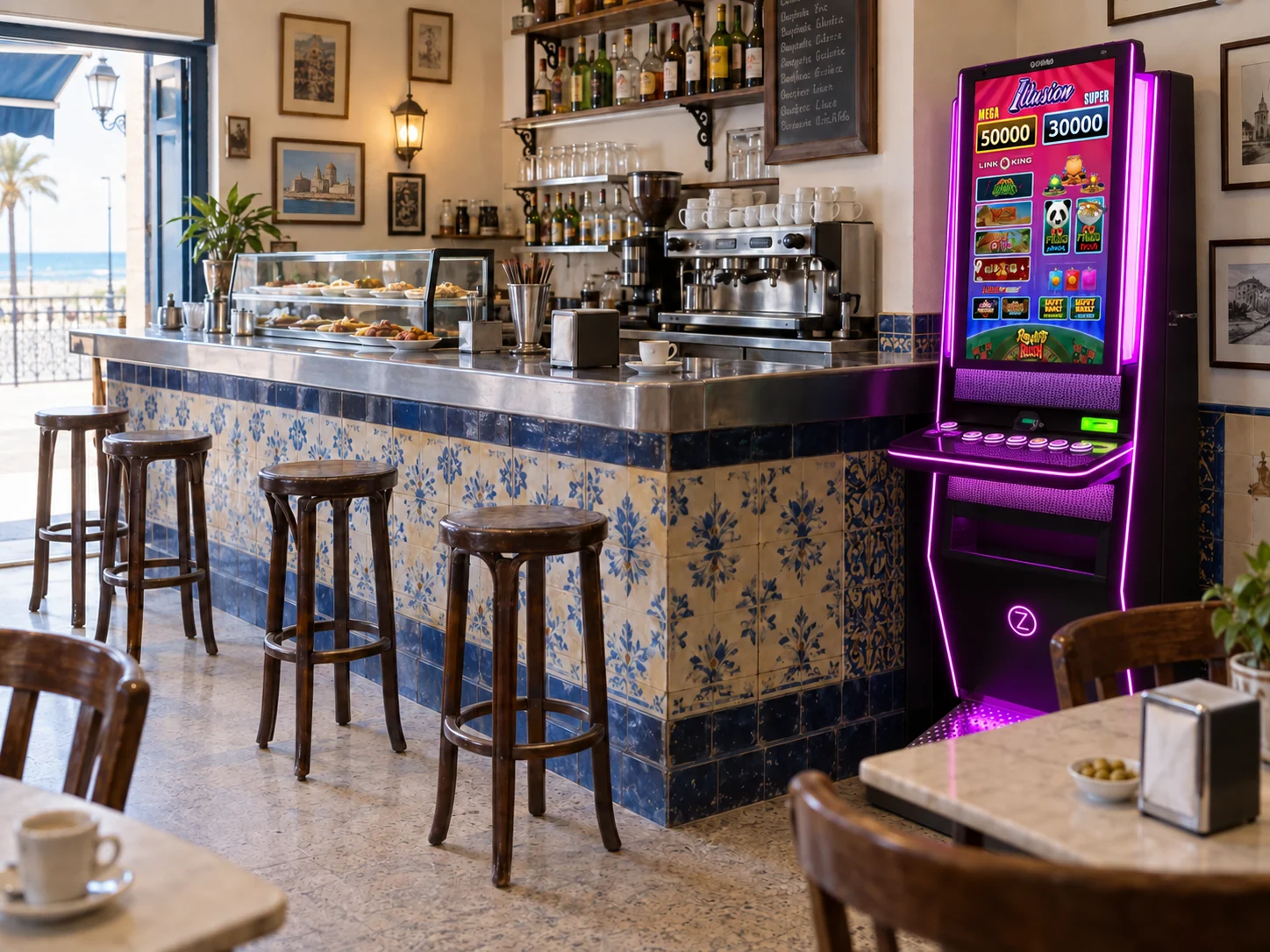 Recreación de un bar inspirado en Cádiz con una máquina tragaperras Zitro Illusion de iluminación violeta