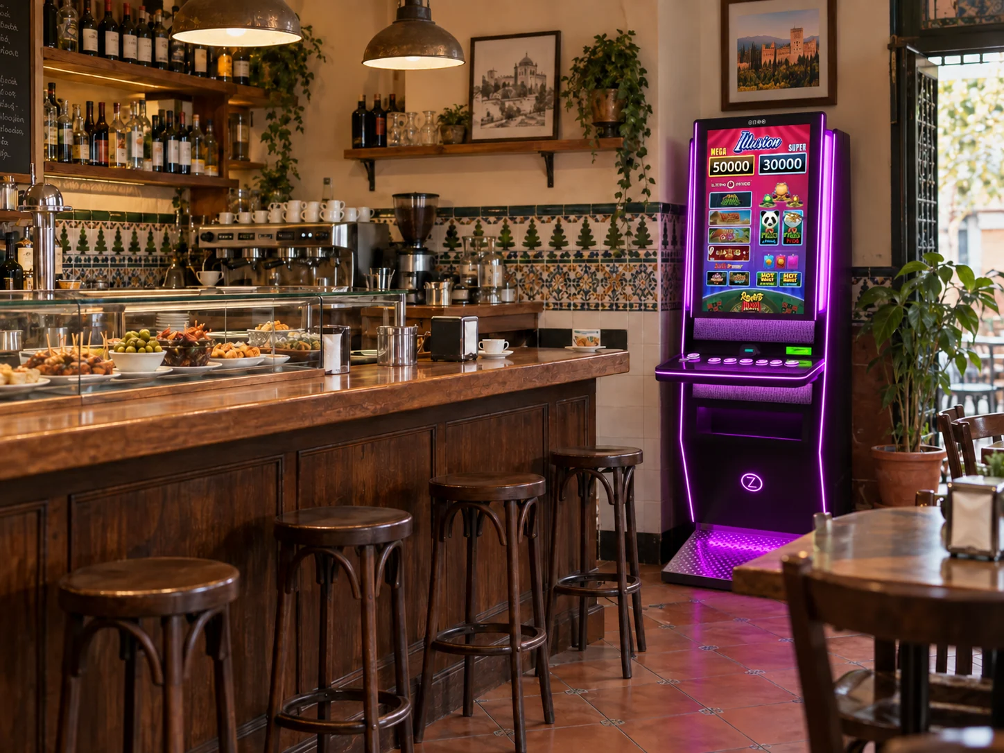 Recreación de un bar inspirado en Granada con una máquina tragaperras Zitro Illusion de iluminación violeta
