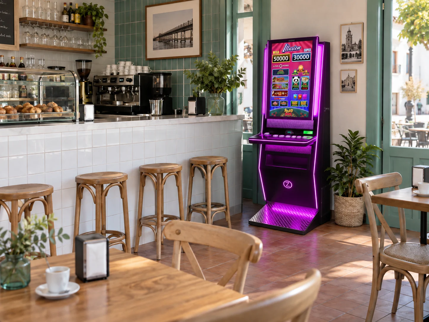 Recreación de un bar inspirado en Huelva con una máquina tragaperras Zitro Illusion de iluminación violeta
