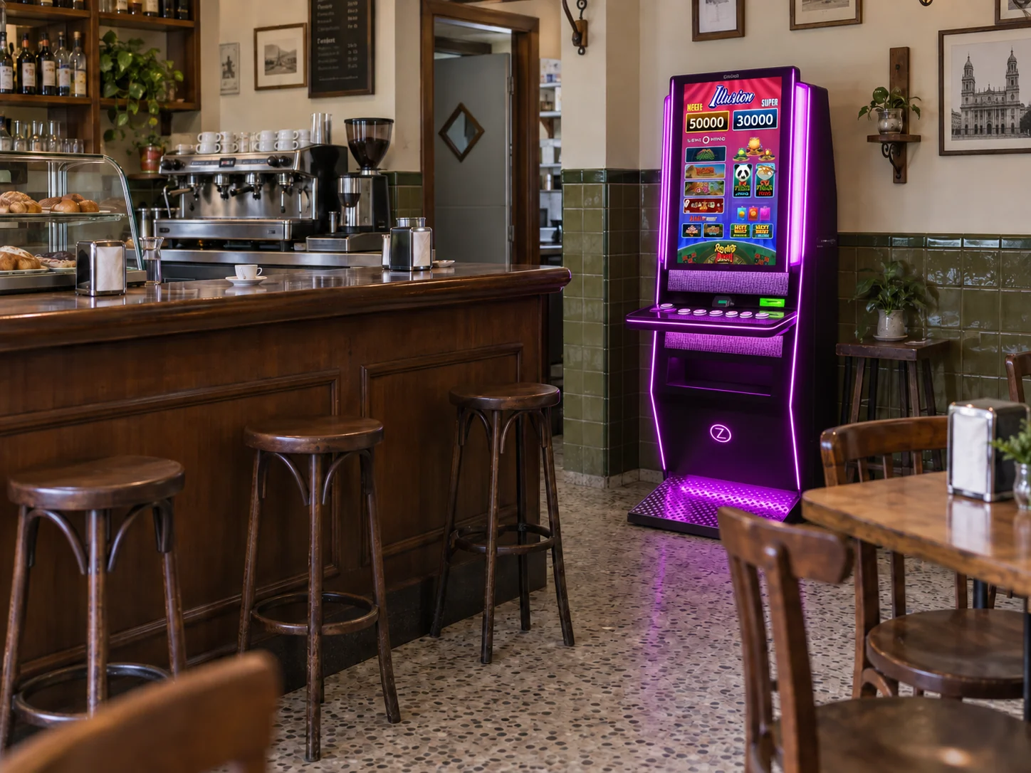 Recreación de un bar inspirado en Jaén con una máquina tragaperras Zitro Illusion de iluminación violeta