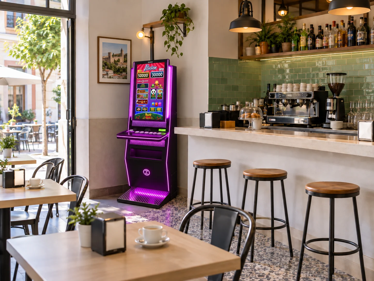 Recreación de un bar inspirado en Málaga con una máquina tragaperras Zitro Illusion de iluminación violeta
