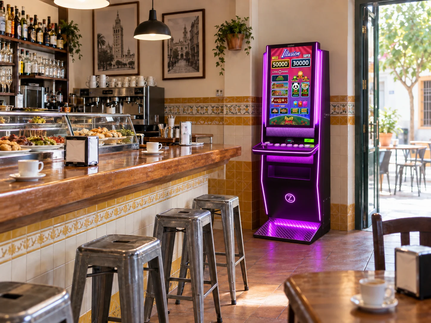 Recreación de un bar inspirado en Sevilla con una máquina tragaperras Zitro Illusion de iluminación violeta
