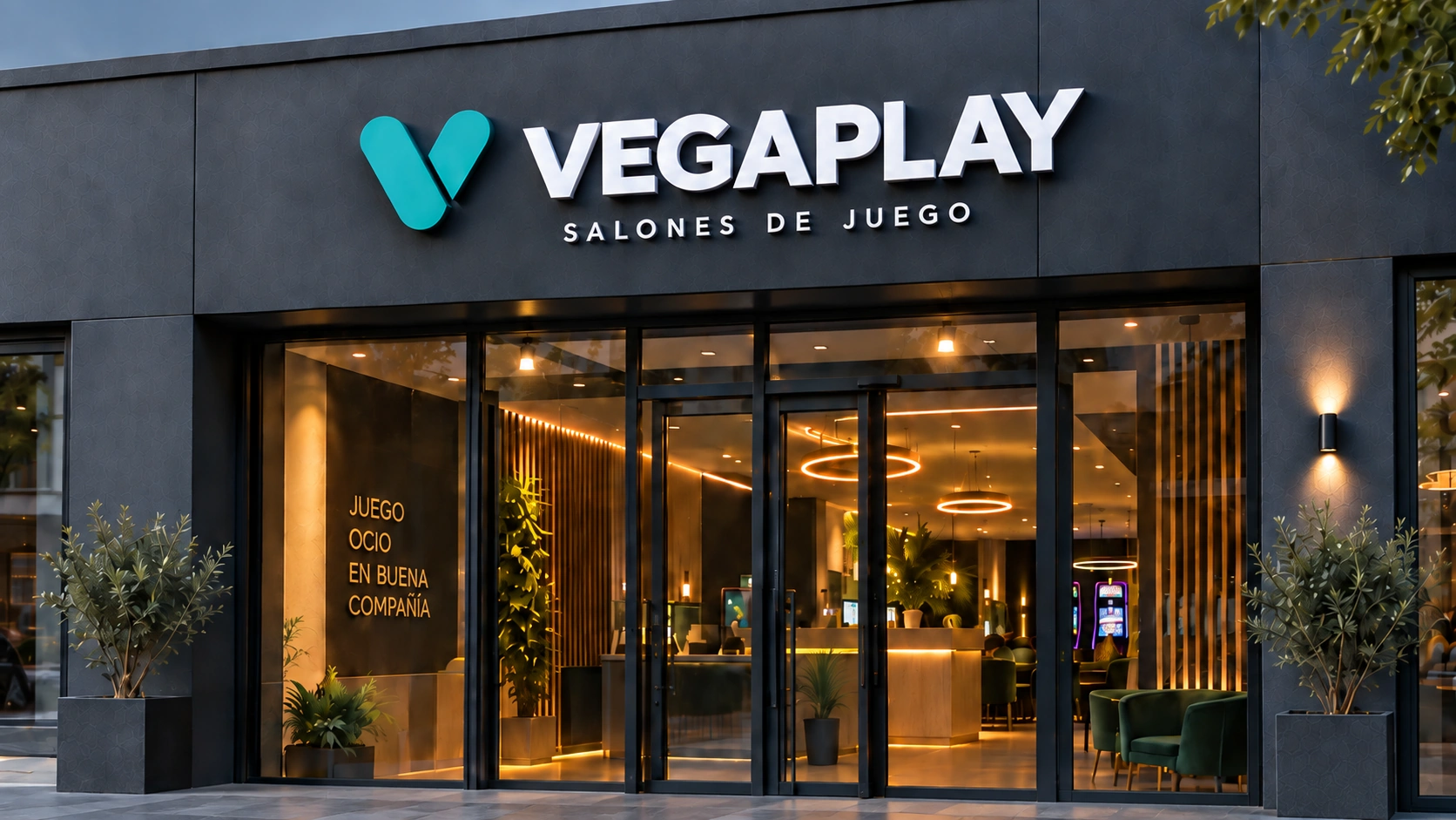 Imagen conceptual de la fachada de un futuro salón VEGAPLAY, con rótulo blanco, símbolo verde y entrada acristalada